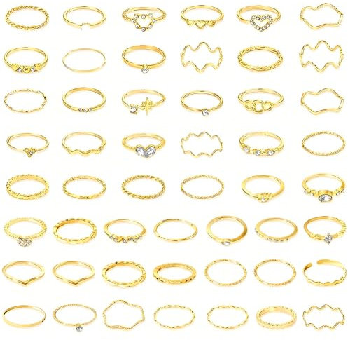 JhavexToy 51 Stück Ringe Set Gold Damen, Boho Stapelringe Fingerringe Knuckle Rings Midi Ringe Vintage Stil, Mit Herz Welle Stern Mond Blatt und Zirkonia, Perfektes Schmuckset für Damen und Mädchen