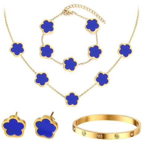 APRRMLIZW 18k Vergoldet Schmuck Schmuck Gold, 4 Stück Kleeblatt Armband Glücksklee Schmuck Set Gold Armband Cubic Zirkonia Armreif Glückliches Fünfblättriges Kleeblatt Legierung Schmuckset Für Damen