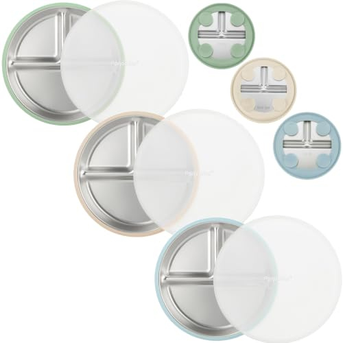 PandaEar 3 Pack Stainless Steel Baby Suction Plates, Divided Toddler Plate for Baby Led Weaning Supplies, Non-Slip Toddler Baby Feeding Set Dishwasher Safe (Blue/Green/Brown, with Lids)