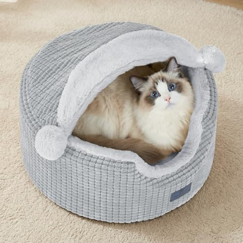 Veehoo Cat Bed Cave with Hood, 51 cm Round Calming Cat Beds with Roof for Indoor Cats Cave, Small Fluffy Covered Kitten Puppy Pet Beds Cute Comfy with Non Slip Bottom Reversible Inner Pad, Light Grey