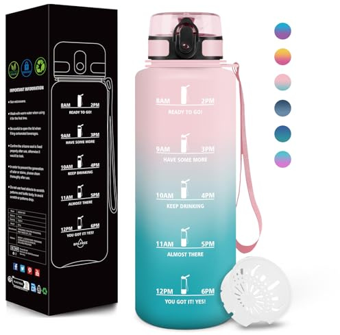 Motswedi Gourde, 1500ml Sans BPA, Gourde Plastique, Conception de Verrouillage Anti-Fuite, Bouteille, Avec Horodatage, Bouteille Motivation pour Salle de Sport, En cours d'exécution - Rose&cyan