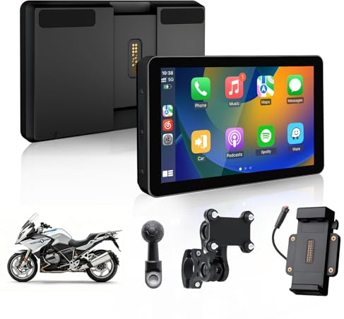 Universal 5'' Pantalla Carplay Moto con Soporte para Adaptador de Corriente | 1000nit Impermeable Táctil Pantalla, Inalámbrico CarPlay y Android Auto, GPS Moto Navegador para Todo Tipo de Motocicletas