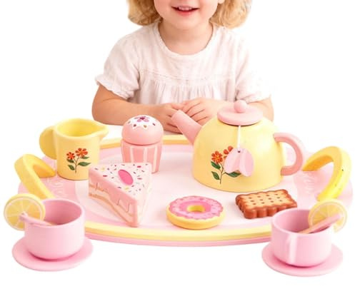 Teeparty-Set Für Kinder – 16-teiliges Lernspielzeug Aus Holz Mit Dessert, Rollenspiel-Küchenzubehör | Klassische Rollenspiele Zum Geburtstag, Kindertag, Erntedankfest, Feiertage, Neujahr