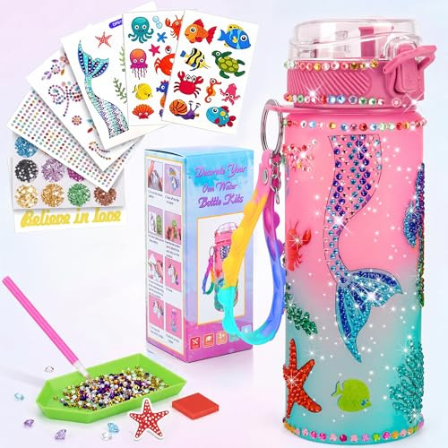 ZOVRIXIA Gourde Fille Personnalisable Sirène, Jouet Enfant Loisir Créatif | Bouteille 600ml Sans BPA, kit autocollants diamant. Idée cadeau fille 4 5 6 7 8 9 ans pour anniversaire, école et voyage