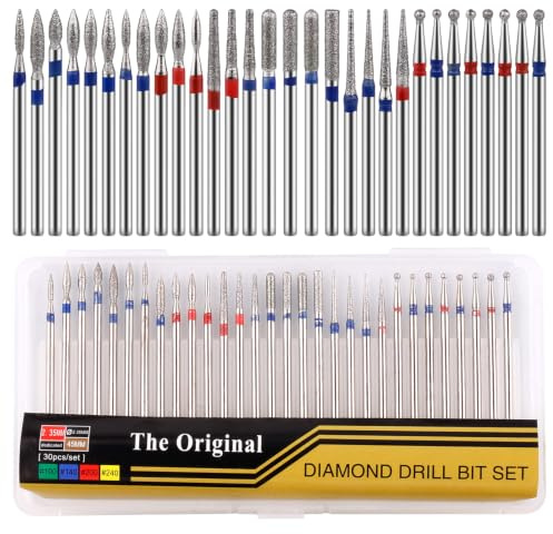30 Pcs Nail Drill Bits Set, 3/32 Inch Professional Electric Nail File Bits, Safety Cuticle Nail Drill Bits Tungsten Carbide Diamond Drill Bit Tool for Acrylic Gel Nails Cuticle Manicure Pedicure