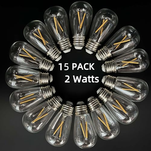 Aplstar 2W LED S14 Replacement Light Bulbs for Commercial Outdoor String Light,Vintage Non Dimmable Edison Filaments Bulb,3000K Warm White, E26 Screw Base,Glass Shade,15PACK