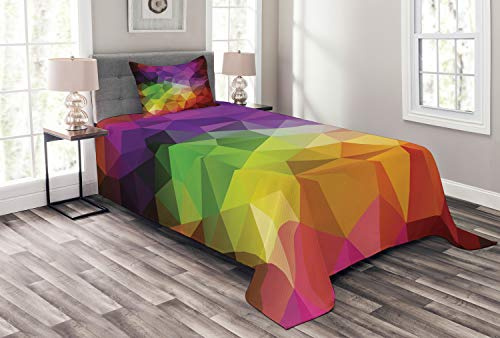 ABAKUHAUS Bunt Tagesdecke Set, Geometrieform Polygon, Set mit Kissenbezügen Waschbar, für Einzelbetten 170 x 220 cm, Lila Grün
