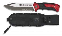 K25 -32268 - Coltello a sega, colore: rosso, lama 14,5 cm, strumento per caccia, pesca, campeggio, outdoor, sopravvivenza e bushcraft