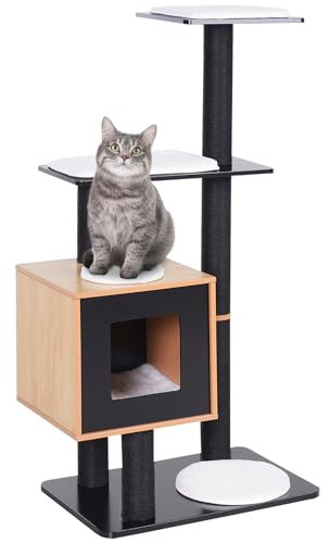PawHut Arbre à Chats Design Contemporain griffoirs grattoirs sisal Naturel Centre d'activités Niche Plate-Formes Jeu Boules suspendues 71,5L x 49,5l x 120H cm MDF Noir hêtre