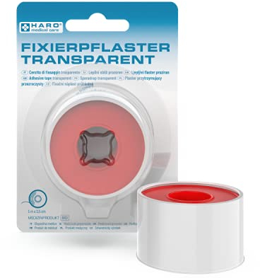Haro medical care Fixier-Pflaster transparent, 5 m x 2,5 cm, einfach von Hand abzureißen, sichere Befestigung von Wundauflagen, Verbänden, Kompressen, Tapeband