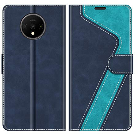 MOBESV Hülle für OnePlus 7T Handyhülle, Lederhülle mit Kartenfach, Klapphülle mit Ständer, Flip Case Handytasche Schutzhülle, Modisch Blau