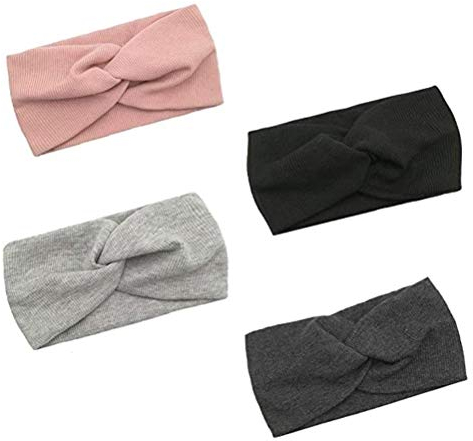 Voarge 4 Stück Haarband Damen Kopftuch Kopfband Stirnband mit Schleife aus Baumwolle Knoten Haarbänder(Schwarz/Grau/Pink/Dunkelgrau)