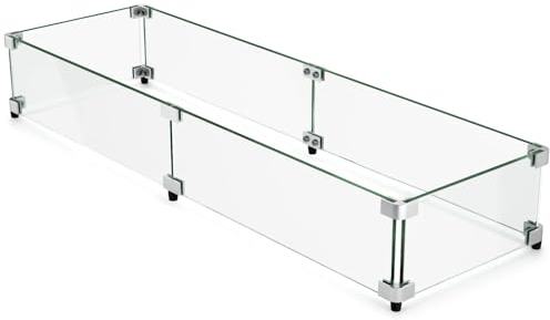 GASPRO 105 x 29,8 cm Glas-Windschutz für rechteckigen Feuerschalentisch, Dicke und stabile gehärtete Glasplatte mit Harter Aluminium-Eckhalterung und Gummifüßen, einfach zu montieren