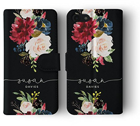 Tirita Personalised Initials Custom Wallet Leather Flip Phone Case Compatible with iPhone 12 & 12 Pro PRINTED GLITTER, NOT REAL GLITTER Watercolour Floral Spring Summer Flowers Peony Roses