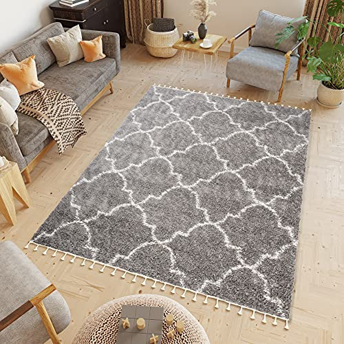 TAPISO Boho Fringes Teppich Hochflor Langflor Shaggy Fransenteppich Creme Dunkelgrau Trellis Marrokanisch Modern ÖKOTEX 140 x 200 cm