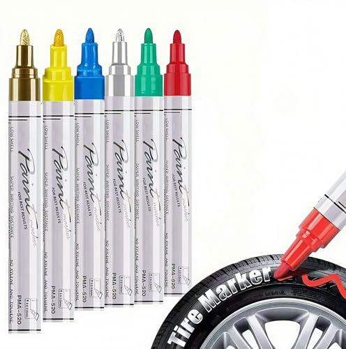 VHEONET Tire Marker - 6 Pack Paint Pens for Car Tires Lettering, Premium Professional Oil Based Waterproof Colored Permanent Markers(Gold Sliver Red Yellow Blue Green)