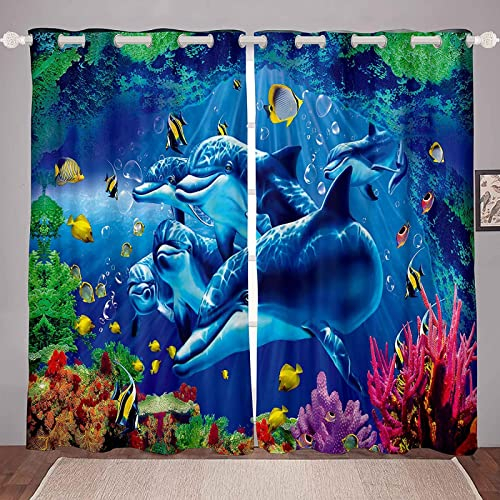 LKCD Vorhänge Für Kinderzimmer Jungen - Delfin Meereslebewesen 264X240Cm 2 Stück Kinderzimmervorhänge Mit Ösen, Verdunkelungsvorhang Für Kinderzimmer