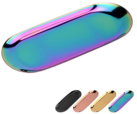 Bymivofun Plateau Ovale, Plateaux de Rangement en Acier Inoxydable, pour Le Stockage de Bijoux, des Collations, des Dégustations de Thé, des Bougies, des Assiettes - 23x9,5 cm (Multicolore)