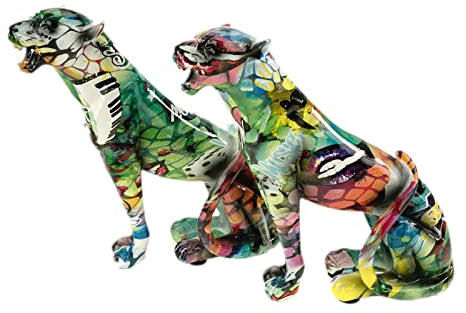 Casablanca 2er Ser Deko Gepard sitzend Skulptur Urban Street Art bunt Raubkatze Figur, je ca.: 20 x 6 cm