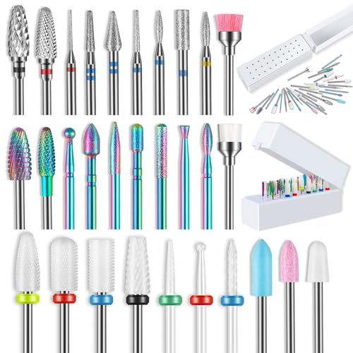 Set di 30 punte per fresa unghie con supporto a 30 fori, 12 punte in carburo da 3/32 pollici, 7 punte diamantate per unghie, 7 punte per unghie in ceramica, 2 punte fresa unghie quarzo per unghie