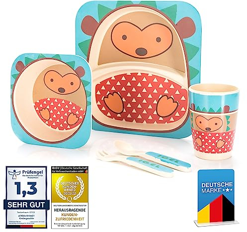 all Kids United® Kindergeschirr-Set aus Kunststoff; 5-teiliges Mehrweg Geschirr-Set mit Tier-Motive; Becher, Schüssel, Teller, Löffel & Gabel für Kinder (Igel)