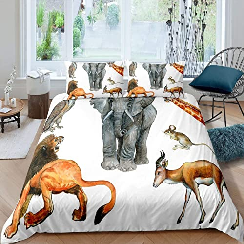 HATEGE Elefant und Löwe Bettwäsche 150x200 Rehkauz Weiche Mikrofaser 3D Bettwäsche-Sets 3 Teilig Maus Giraffe Bettbezug Set und 2 Kissenbezug 80x80 cm mit Reißverschluss
