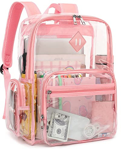 Fuyicat Sac à dos transparent robuste pour filles, garçons, femmes, hommes, sacs à dos d'école transparents en PVC transparent, rose, Large, Classique