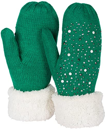 styleBREAKER Damen warme Winter Strick Fäustlinge mit Strass und Perlen, Handschuhe, Thermo Fleece, Strickhandschuhe 09010039, Farbe:Grün