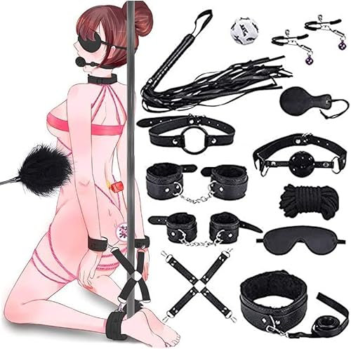 Qoosea 13 Piezas SM Bondage Kit Sex Toys, Juguetes Sexuales Perfecto para Parejas, Set de Esclavitud BDSM Restraints Kits con Esposas Máscara para Principiantes y Experimentados (Negro)