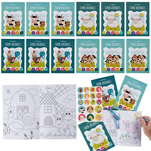 THE TWIDDLERS 12 Malbücher für Kinder, A5-Format - 16 lustige Designs mit 4 Buntstiften und Aufklebern - Partygeschenke für Kinder von 4-8 Jahren, Mini Malbuch Mitgebsel