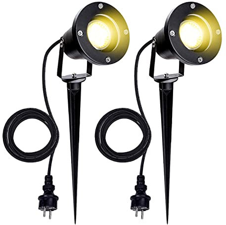 Vigevee Gartenbeleuchtung LED, 2er Pack 4W GU10 Gartenleuchte Warmweiß 3000K Gartenstrahler mit Erdspieß, IP65 Wasserdicht Gartenleuchten mit Stecker, für Außen Garten Rasen