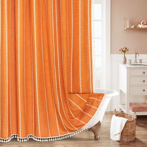MitoVilla Rideau de douche en tissu épais, coton et lin, à pompons, style rustique, moderne et bohème - Pour décoration de salle de bain - Orange, 183 x 183 cm