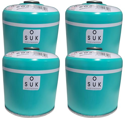 SOUK ONE Cartuccia a gas Premium 500 g (880 ml), set da 4 pezzi con valvola a vite EN417, cartuccia a vite B188, fornello da campeggio, riscaldamento a gas, cartuccia gas butano (4 X 500 g)