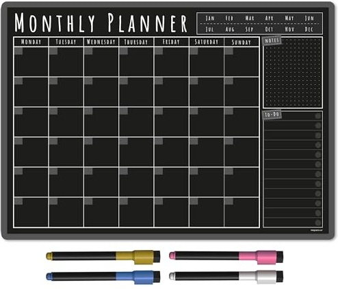 TMS A3 Weekly Planner Whiteboard | Magnetic Calendar for Fridge and Dry Wipe Pens | Meal or Family Planner for Kitchen (Blackboard, A3-Monthly)