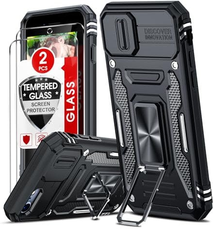 LeYi for iPhone SE 2022 / SE 2020 / 8 / 7 Case, with Camera Lens Cover Slider, 2 Screen Protectors, Ring Stand Military Shockproof Armour Phone Cover for iPhone 7/8/SE 2020/2022, Black
