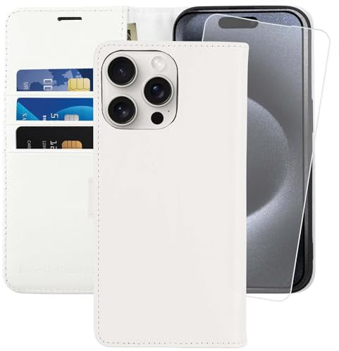 MONASAY for iPhone 15 Pro Max 5G Wallet Case,6.7-inch, [Glass Screen Protector Included] [RFID Blocking] Flip Folio Leather Cell Phone Cover with Credit Card Holder, White