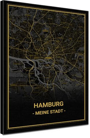 LANA KK - Stilvolle, Stadtkarte HAMBURG Leinwandbild, deutsch beschriftet - Koordinaten Straßenkarte Stadtplan als Wandbild Landkarte XXL geometrisch (Hamburg - Noir, 60 x 80 cm)