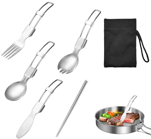 EMHTHME 5 Pièces Vaisselle Pliante en Acier Inoxydable, Couvert Camping Multifonction, Voyage Ensemble Couverts, Comprend Un Sac En Nylon Noir, pour Bureau École Pique-Nique Voyage