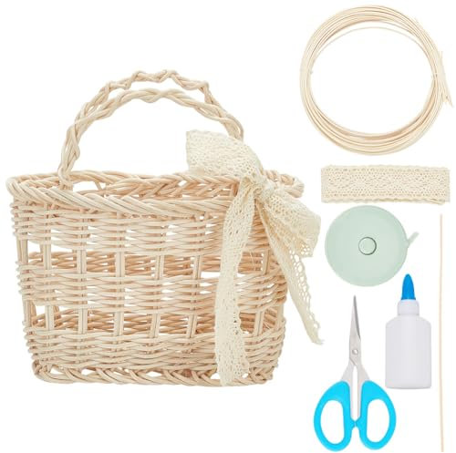 WEBEEDY DIY Rattan Basket Kit Woven Handbag Making Kit Summer Travel Straw Beach Bags for Women Round Top Handle Straw Handbag Big Capacity Toto Retro Rattan Tote Clutch Bags for Women Girls