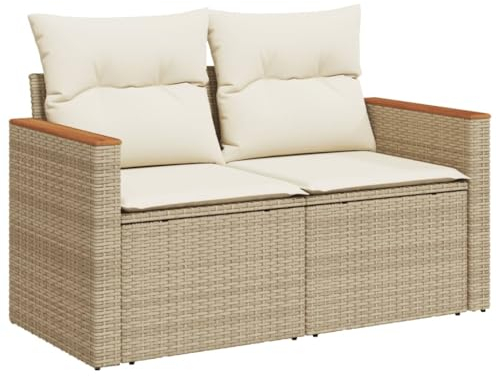 Makastle Outdoor Polyrattan Gartenlounge Sofa mit Kissen, Klein Sitzgruppe Gartenmöbel Set Ecklounge Ecksofa 2-Sitzer Gartensofa, Beige 124 x 62 x 69 cm