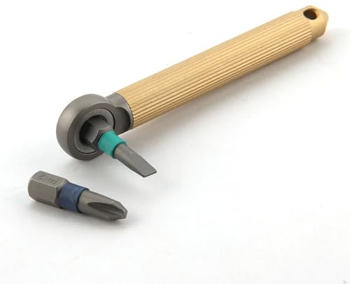 GOUDE Modularer Schraubendreher aus Titanlegierung, Messing, Ratschenrad-Schraubendreher mit 2 Stück S2-Bit, EDC-Reitausrüstung, Wolframkopf-Gadget (Messing)