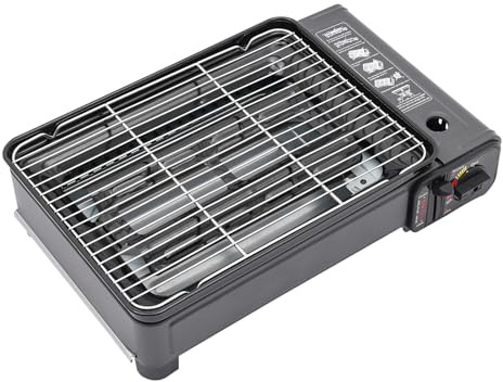 Gasgrill, Camping Gasgrill Klein, Tragbarer Tischgrill Gas mit Grillnetz, Grillpfanne und Anderes Zubehör, Butan Gasherd mit Kasten für Camping, Reisen, Trekking und Kochen im Freien