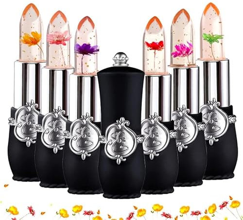 lippenstift mit blume drin Blumenlippenstift für Frauen, Lippenstift, Gelee-Lippenstift für Farbwechsel Lippenstift für Frauen Make-up Kosmetik für Frauen Lipgloss (schwarzes Set, 6 in 1)