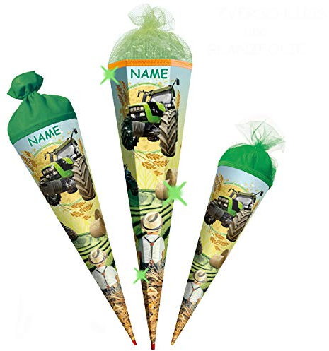 mit 3D Effekt - Glitzer ! Schultüte - grüner Traktor - 22-85 cm - Größe wählbar - mit Holzspitze - rund - incl. Name - Filzbschluß - Zuckertüte - Roth -..