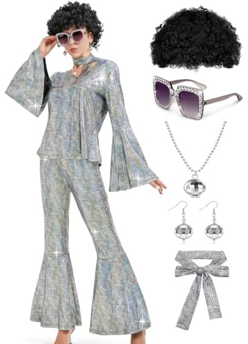 Ragelion Disco Outfit Damen,60er 70er Jahre Outfit Damen für Halloween Party mit Top Hose Zubehör
