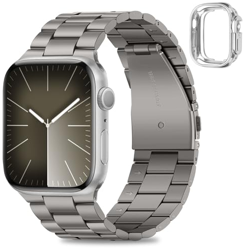 HITZEE Kompatibel with Apple Watch Armband 46mm 45mm 44mm 42mm, Edelstahl Metall Ersatzband Armbänder Band Kompatibel für iWatch SE Series 10 9 8 7 6 5 4 3 2 1, 42/44/45/46mm Titan