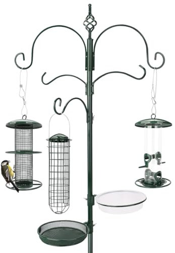 wildtier liebe Vogel Futterstation aus wetterfestem Metall, Höhe 235cm, Grün - Komplettset inkl. Vogeltränke und Futterteller für Mehlwürmer Körner Erdnüsse, Vogelbad