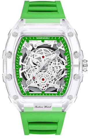 rorios Durchsichtig Tonneau Armbanduhren für Herren Analog Quarz Herrenuhren Mode Silikon Uhr Leuchtend Datum Kalender Uhr für Männer Grün