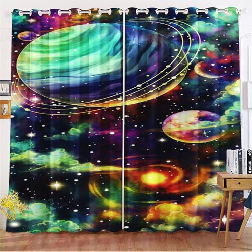 Fadaing Universum Planet Verdunkelungsvorhänge Weltraum Sternenklar Vorhänge Mit Ösen Weltraumuniversums Blickdicht Gardine Für Kinder Und Jugen (2,183x160cm(BxH)/ 91.5x160cmx2)