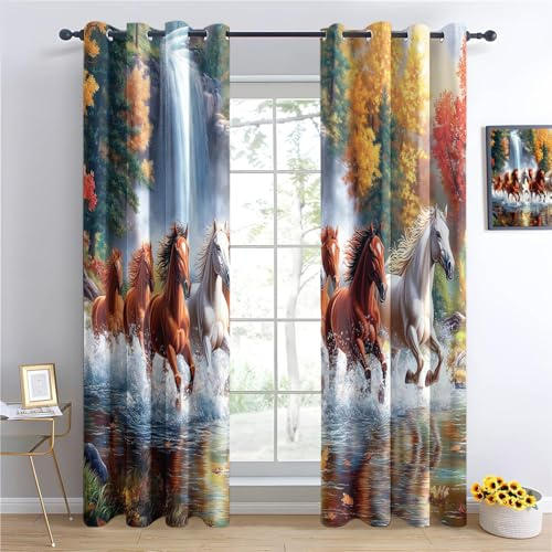 Vorhänge Gardinen mit Ösen, Vorhang Blickdicht Tiere Pferde Wasserfälle Bunt Verdunklungsvorhänge Thermovorhang für Wohnzimmer Schlafzimmer Deko Privatsphäre Schützende H 160 x B 70 cm (2er Pack)